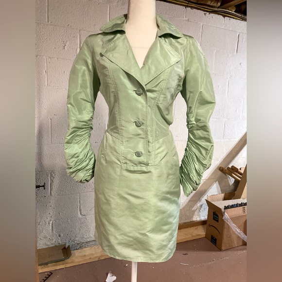 Joan Yellen 80s Vintage Raw Silk Seafoam Green Knee Length Trench Coat Dress - Picture 1 of 16